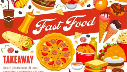 Fast food takeaway menu, fastfood restaurant bistro meals and snacks. Vector street food hot dogs, pizza and burgers, Mexican tacos, nachos and burrito, soda drink, ice cream and coffee