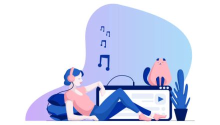 Girl in headphones lying on floor, listening Music. Modern flat illustration.